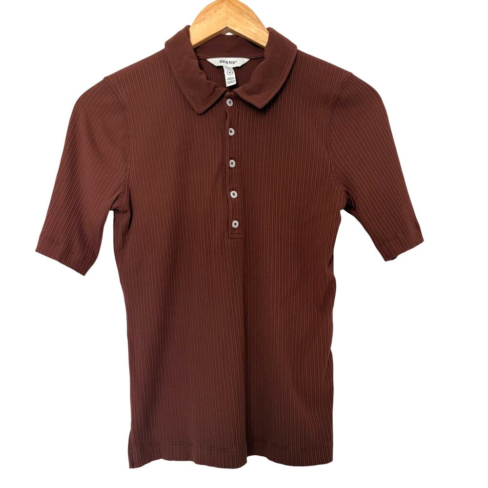 Spanx Womens Ribbed Stretch Polo Tee Shirt Top Size M Chocolate Brown